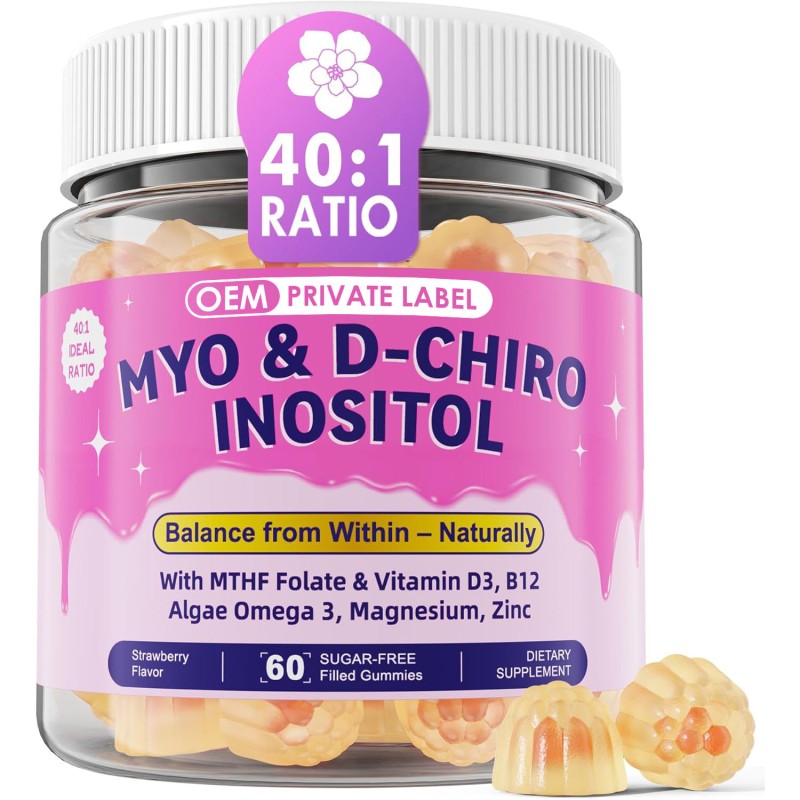 OEM Myo-Inositol & D-Chiro Inositol Gummies with Omega 3, Vitamin D3, B12, Magnesium & Zinc for Women's Ovarian Health