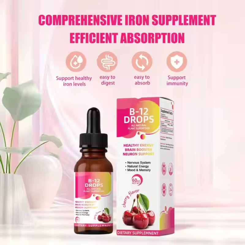 OEM Organic Cherry Flavor Vitamin B12 Drops - High Content, Supports Brain Health & Blood Recovery