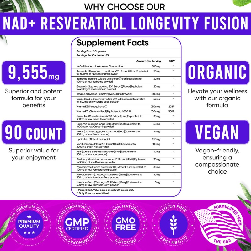 OEM PremiumNAD+ Supplement 300mg & Resveratrol 1000mg | Organic Longevity Formula with Liposomal NAD+