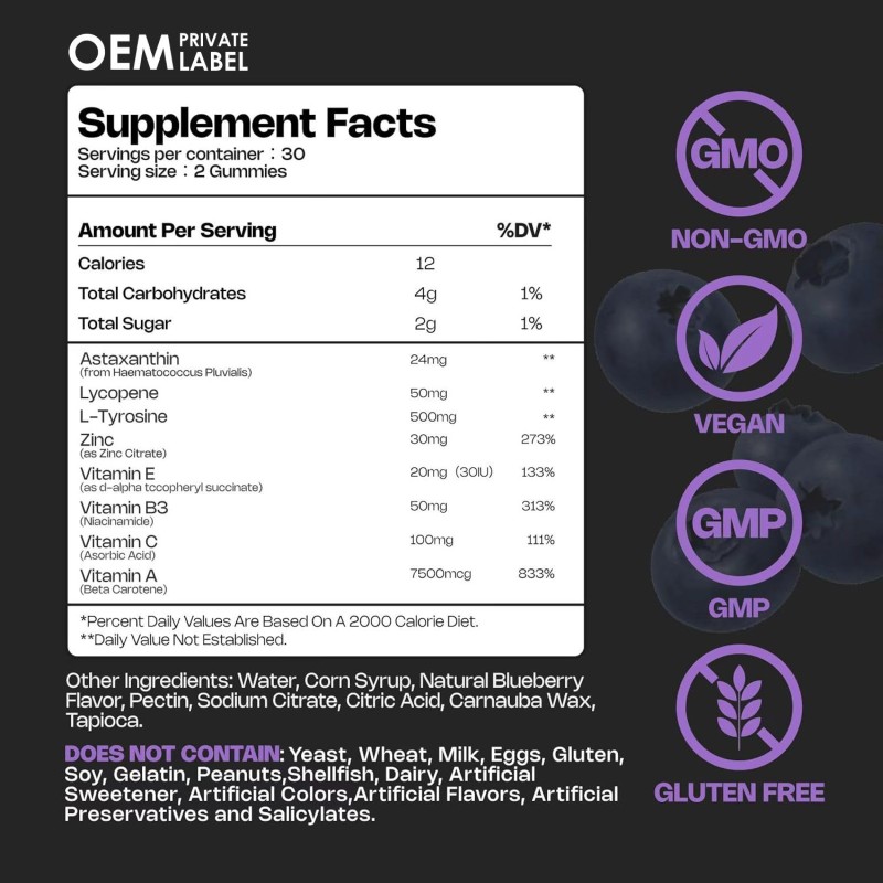 Private Label Blueberry Tanning Gummies with L-Tyrosine and Astaxanthin for Skin Glow and Melanin Support