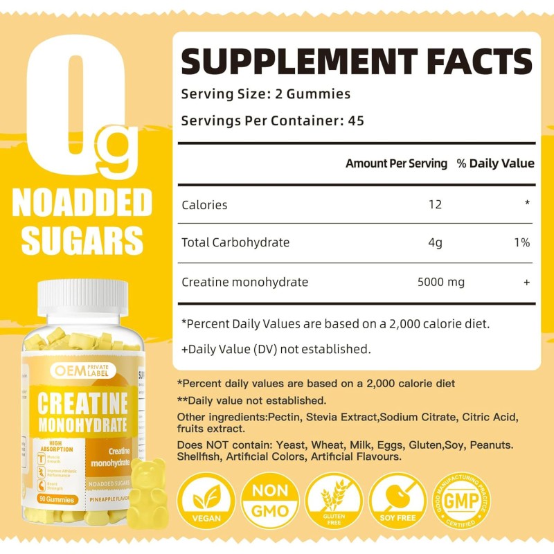 High Strength 5000mg Creatine Monohydrate Gummies - OEM Pre-Workout Supplements