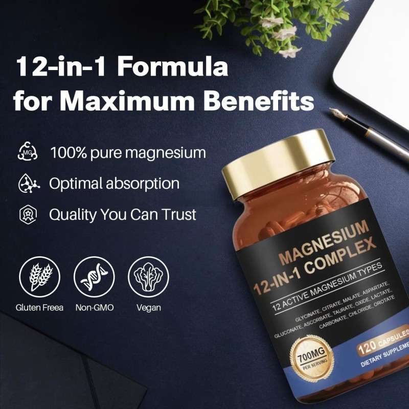 Premium 12-in-1 Magnesium Complex 700mg with Glycinate & Citrate for Sleep and Muscle Support, Pregnancy-Safe Formula
