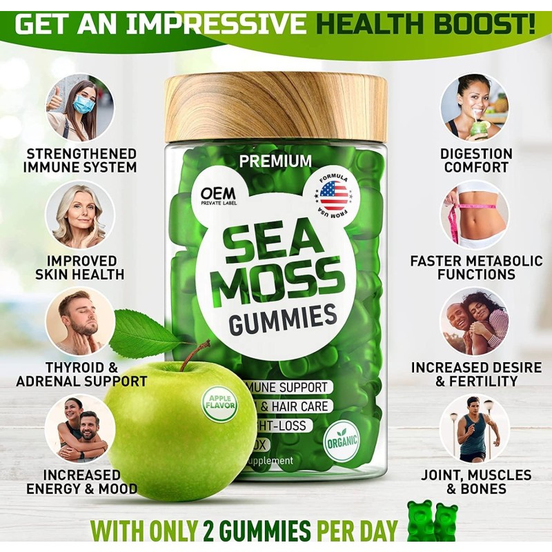 Customized Organic Vegan Sea Moss Gummies with Bladderwrack and Burdock Root for Immune Support and Vitality