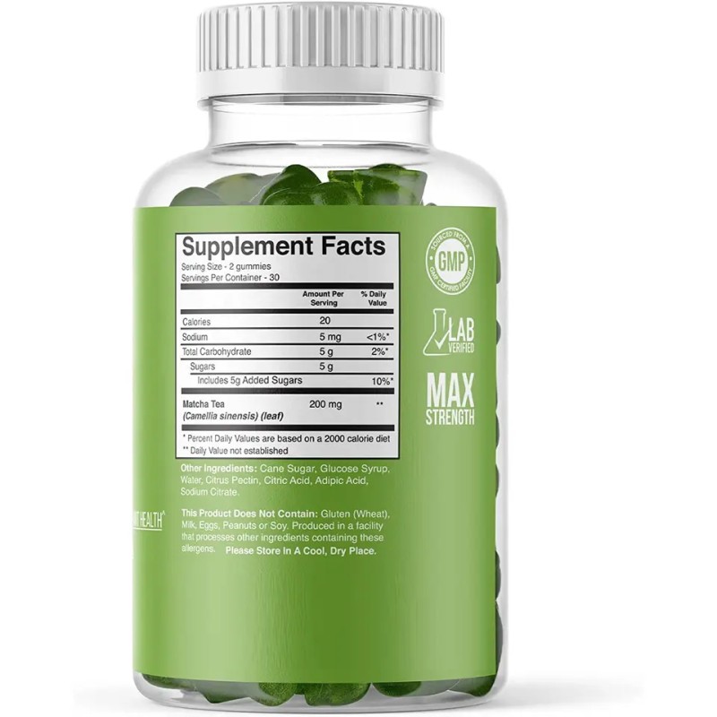 Organic Matcha Energy Gummies with Vitamin B12 and CoQ10 for Metabolism and Natural Detox Support