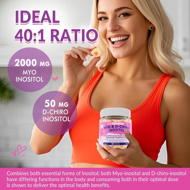 OEM Myo-Inositol & D-Chiro Inositol Gummies with Omega 3, Vitamin D3, B12, Magnesium & Zinc for Women's Ovarian Health