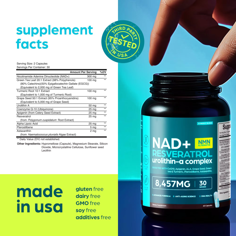 OEM Anti-Aging Supplement with NAD+ Resveratrol and Urolithin-A Complex - 60 Capsules or 120 Capsules