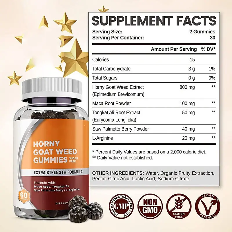 OEM/ODM Private Label Factory Supply Energy Booster Gummies with Horny Goat Weed & Maca Root for Male Enhancement