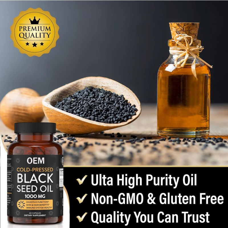 Pure Black Cumin Seed Oil Capsules - Cold-Pressed, Gluten-Free, Immune & Liver Health Support