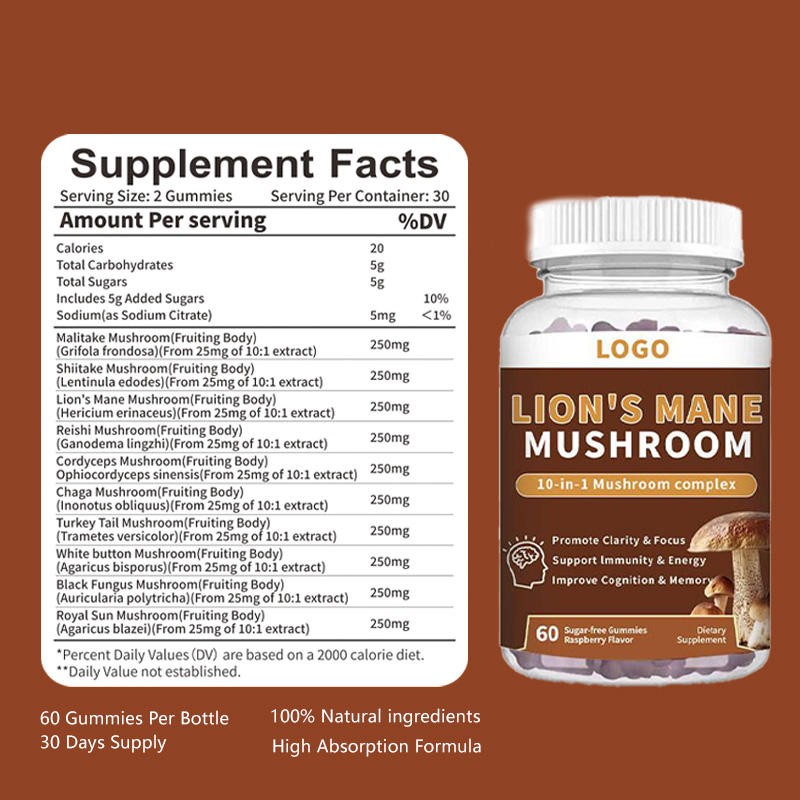 Organic Lions Mane and Ashwagandha Gummies for Focus Energy and Stress Relief with Cordyceps Reishi