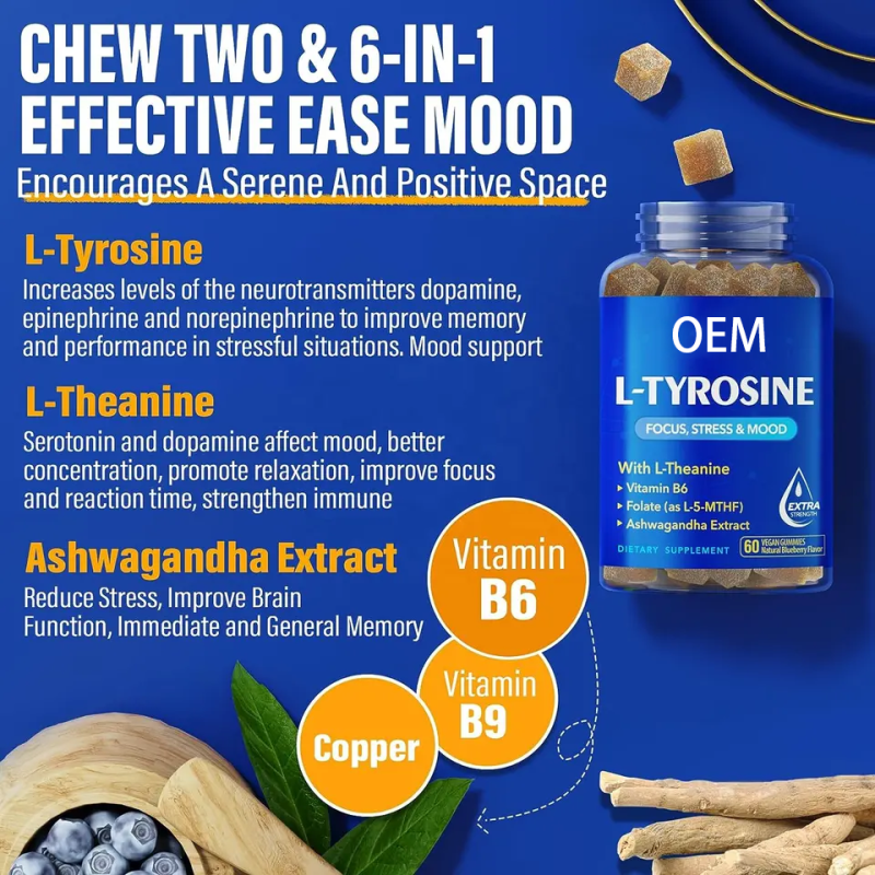 L Tyrosine L Theanine Ashwagandha Gummies for Stress Relief Mood Support Focus Boost Adults & Students Dietary Supplement