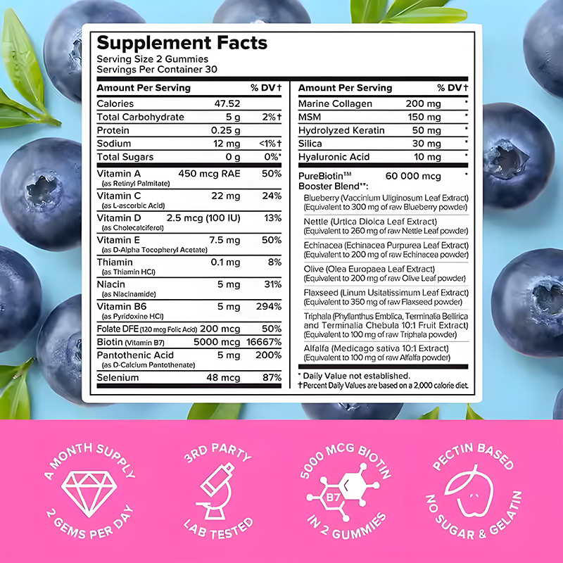 Vitamin B1 Gummy with Biotin and Collagen Hydrolyzed Herbal Food Supplement for Skin Hydration in Adults