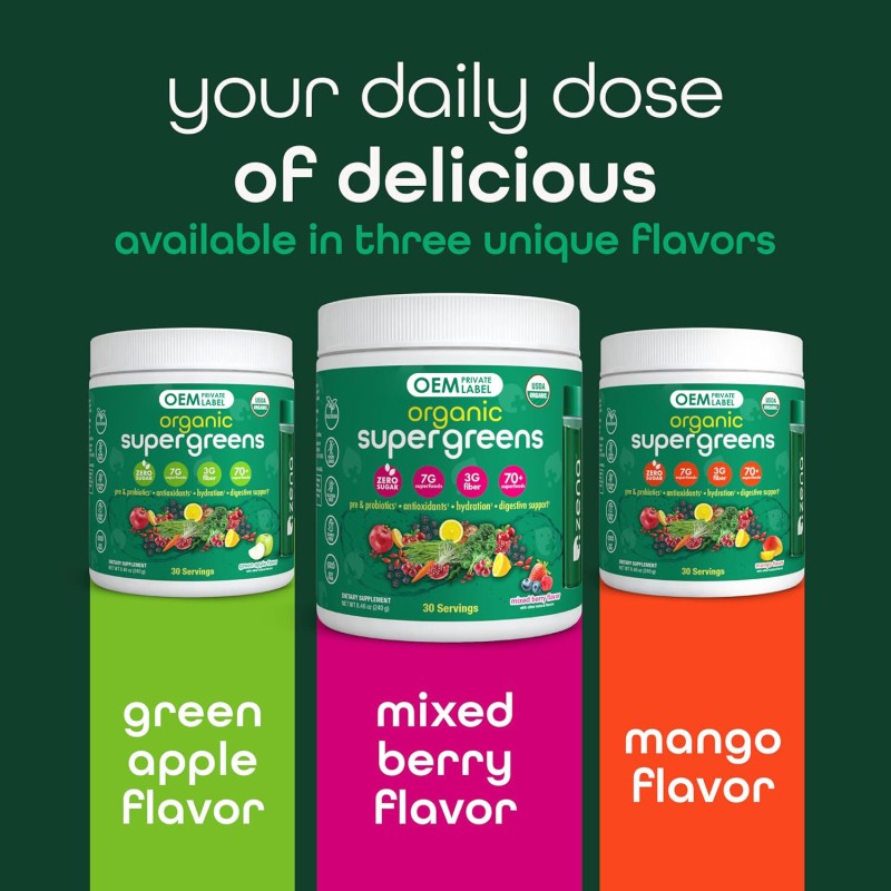 OEM Organic Super Greens Powder with Probiotics, Enzymes, Vitamins for Detox and Digestion