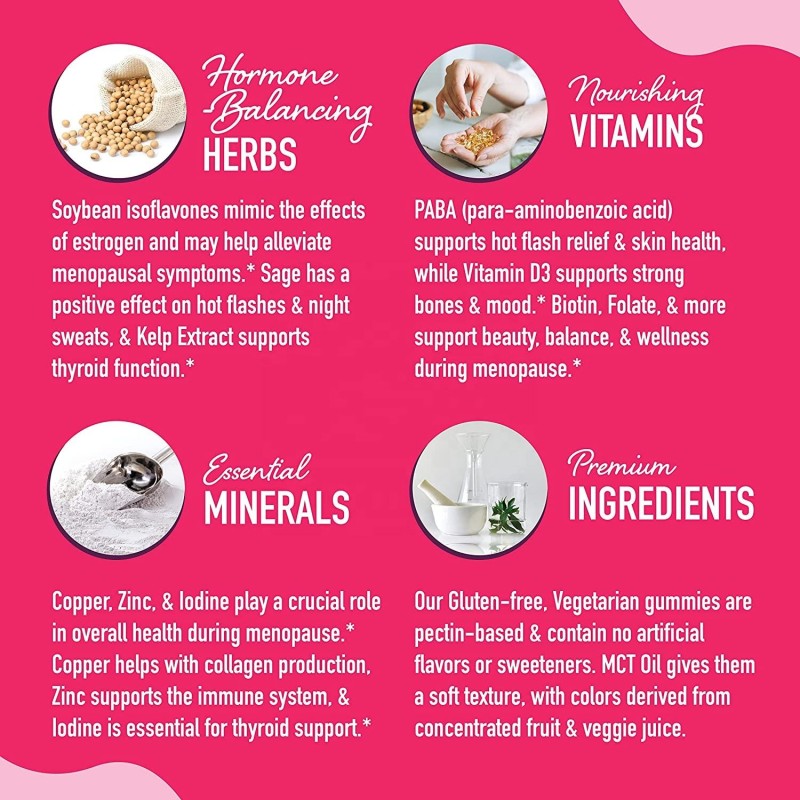 Vegan Menopause Gummies with Soy Isoflavones and Black Cohosh for Hot Flashes Relief and Mood Balance