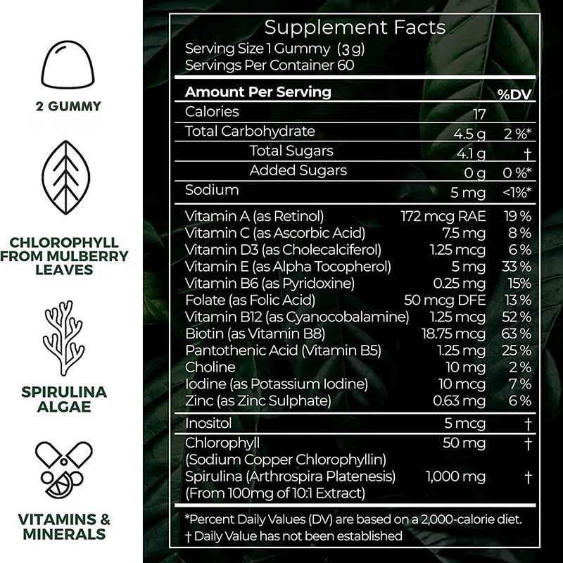 Super Spirulina Chlorophyll Gummies with Prebiotics & Vitamins for Beauty Detox Energy Boost - Adult Dietary Supplement
