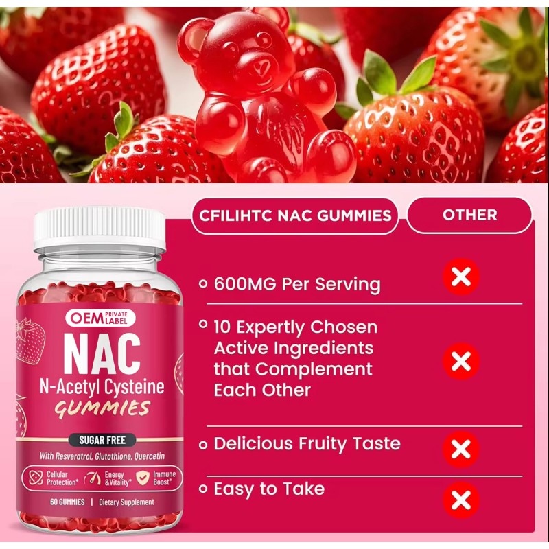 OEM  Private Label NAC Gummies - N-Acetyl Cysteine Supplement with Resveratrol & Magnesium for Antioxidant and Immune Support
