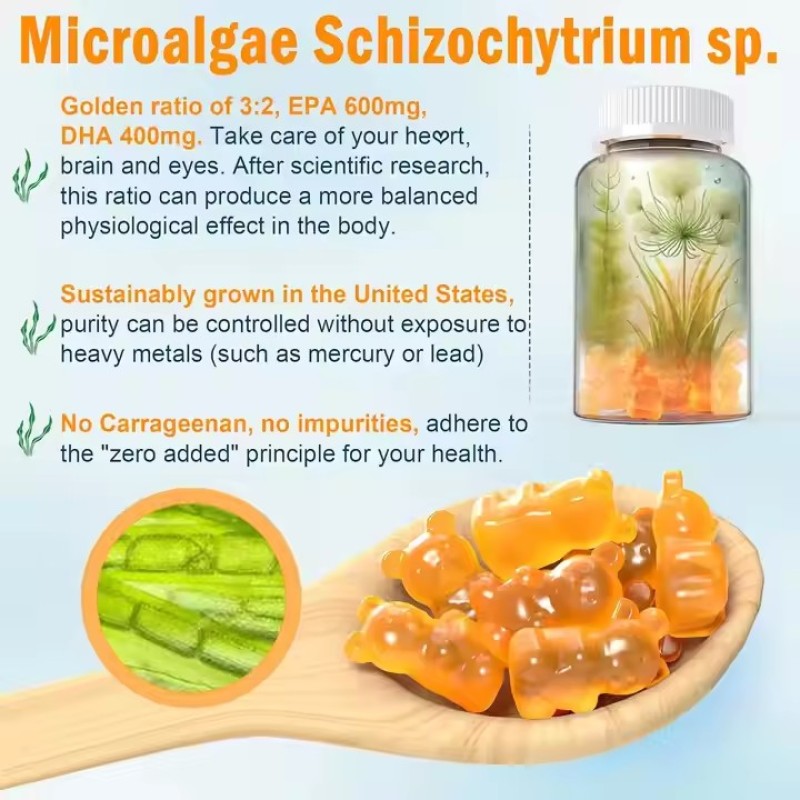 Private Label Nature Healthcare Supplement Omega 3 EPA DHA From Algae Oil 1600mg Gummies Brain Development Booster Omega Gummies