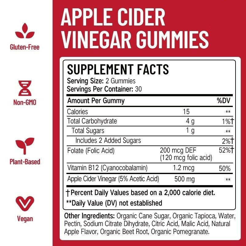 Apple Cider Vinegar Gummies With Vitamin B12 and Folic Acid for Detox Energy and Gut Health Vegan 60 Gummies