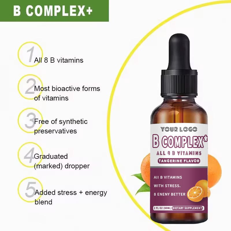 Organic Tangerine Flavor All 8 Vitamins B Complex Liquid Drops - Supports Energy Metabolism Hair Skin Care & Healthy Digestion