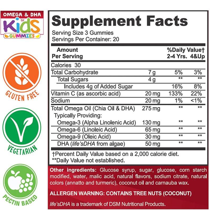 Pure Algae DHA Omega 3-6-9 Kids Gummies | Brain & Heart Health Support | Chewable Vitamin C Supplement for Children