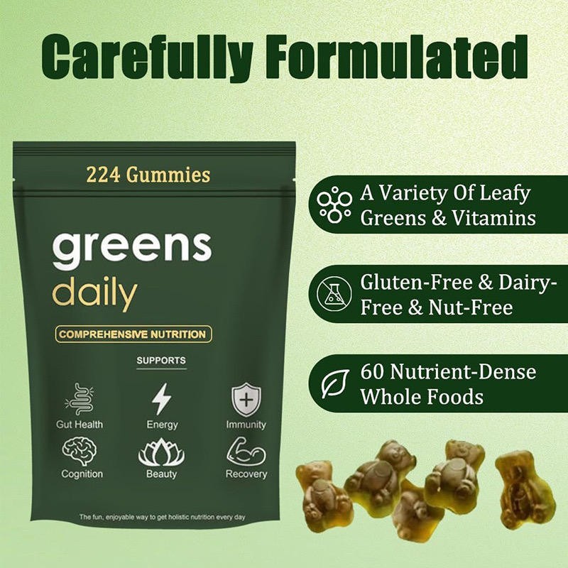 Organic Spirulina Greens Gummies - Vegan Digestive Aid & Immune Booster with Prebiotics, 224 Bear Chewables for Adults,