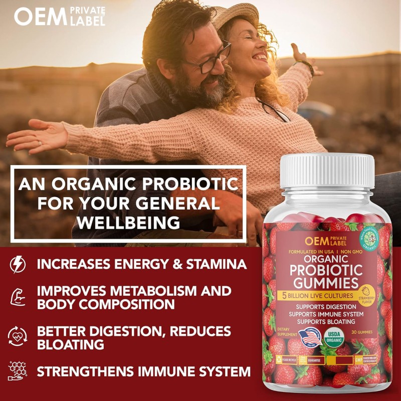 Organic Probiotic Gummies 5B CFUs for Digestion Bloating Relief and Immune Support Gummy Candy Dosage