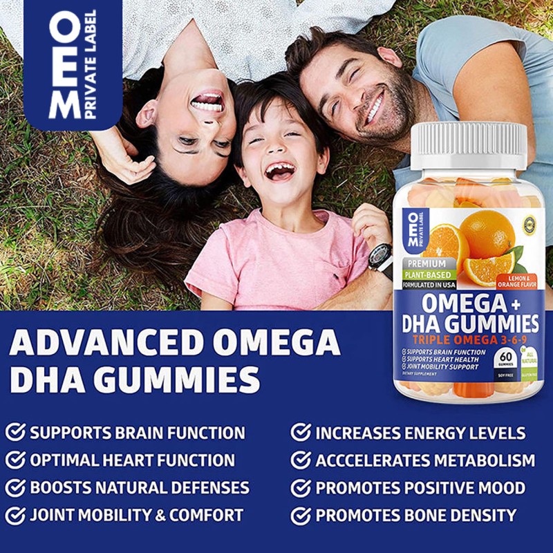Hot Sale Private Label Vegan Omega-3 Gummies with Algae DHA EPA, Turmeric, Zinc & Vitamins Supports Brain Joint Heart
