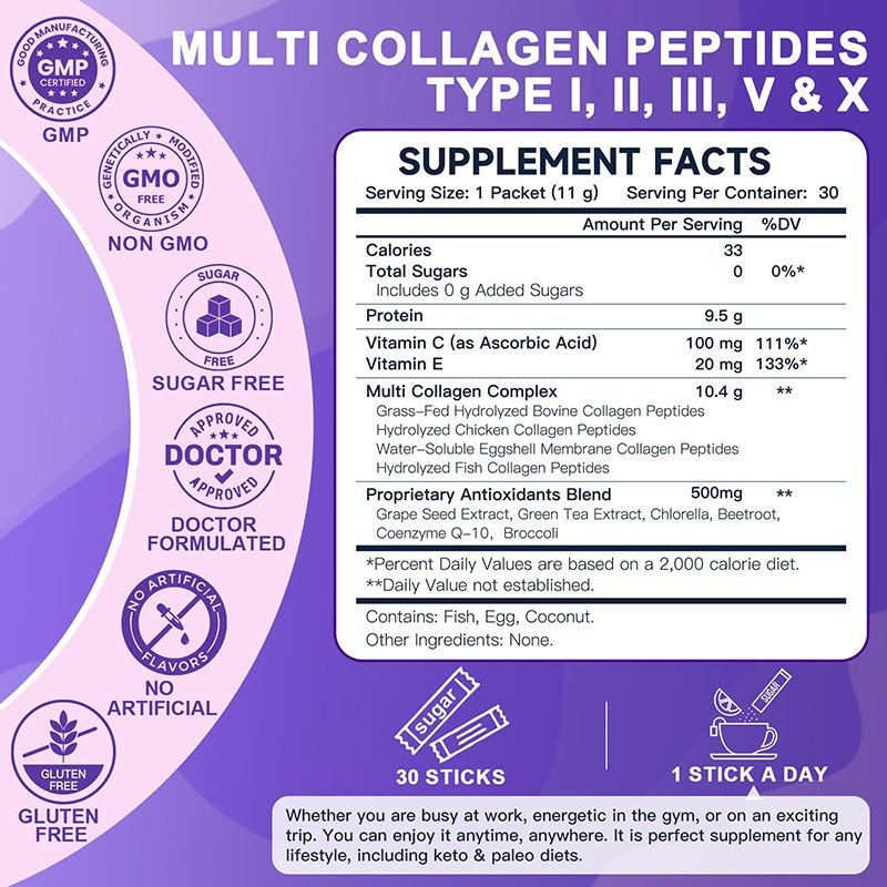 OEM Marine Fish & Bovine Collagen Peptide Powder Sachet - Multi-Type Collagen for Skin Health