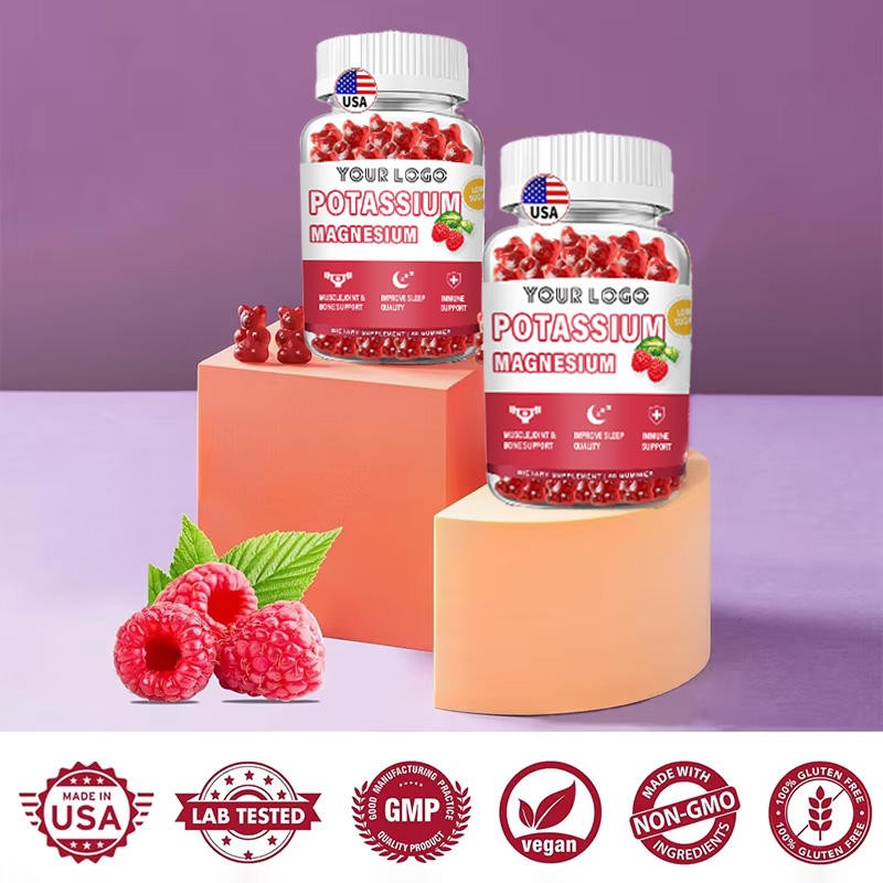 Adult Potassium Magnesium Complex Gummies 250mg Citrate - Leg Cramp Relief & Muscle Support Raspberry Flavor