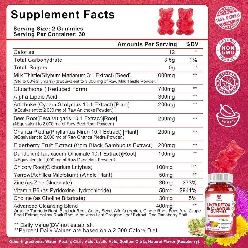 Liver Detox and Hangover Relief Gummies with Milk Thistle Glutathione and Dandelion for Cellular Cleanse