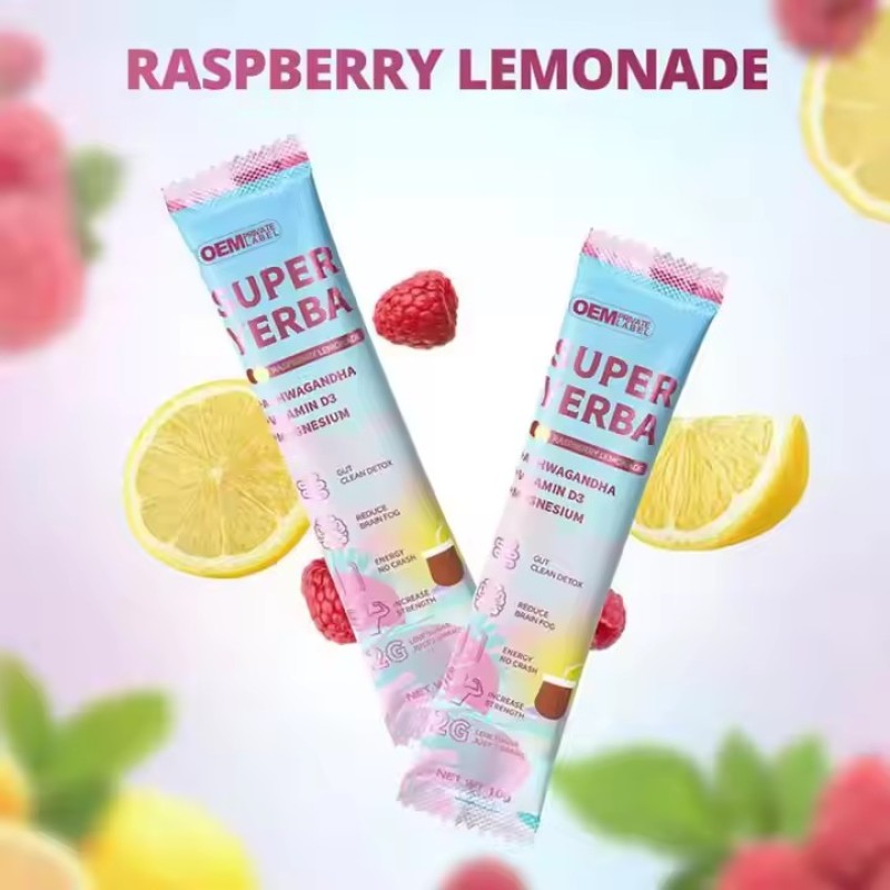 Yerba Raspberry Lemonade Powder Ashwagandha Mushroom Magnesium Vitamin D3 Yerba Extract Supplement Fiber Gut Support