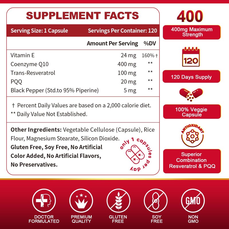 OEM Premium  CoQ10 Capsules with Trans-Resveratrol, PQQ, Vitamin E & BioPerine  Heart Health & Energy Boost