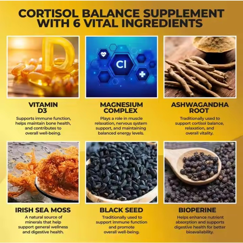 Cortisol Capsules with Ashwagandha Irish Sea Moss Black Seed Vitamin D Magnesium Complex Immunity Booster Stress Relief Pills