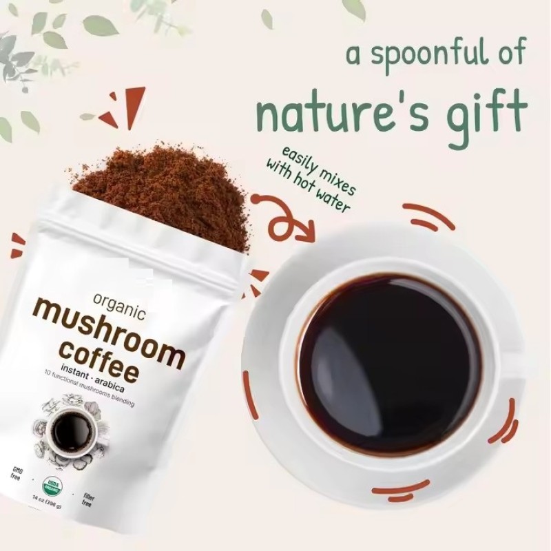 OEM Private Label Organic Instant 10 in 1 Mushroom Coffee Powder Premium Arabica Coffee with Lions Mane Chaga Reishi and More