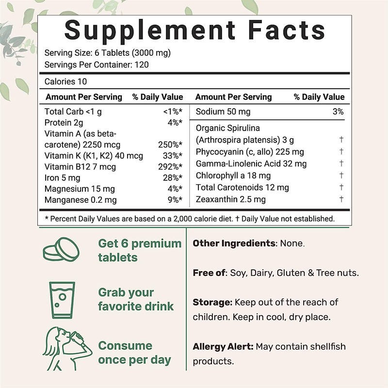 Premium Organic 2000mg Spirulina Chlorella Tablets Custom OEM/ODM Bulk Vegan Superfood Supplement for Adults Vitamins
