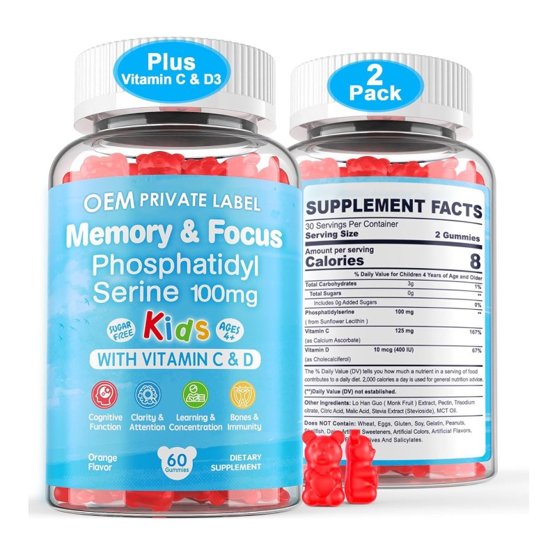 Phosphatidylserine Brain Gummies with Vitamin C & D3 for Kids and Teens - Boost Focus & Concentration