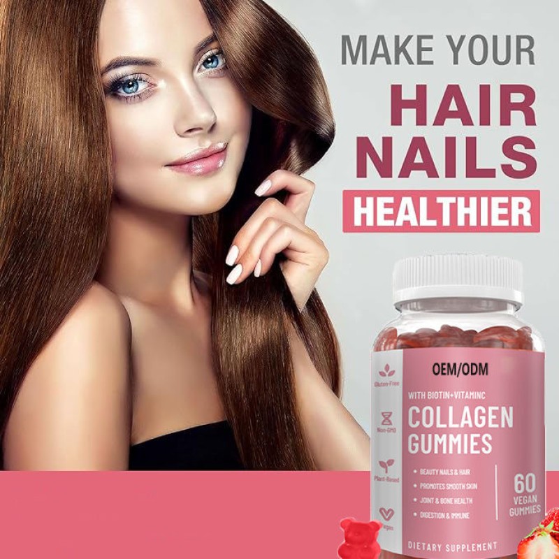 OEM Vegan Collagen & Biotin Gummies for Hair Growth - Beauty Skin Nails Supplement, Sugar-Free Chewable