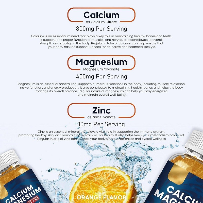 OEM Wholesale Price Own Brand Calcium, Magnesium, Zinc, Gummy, Vitamin D3, Magnesium Glycine, Sugar-free Supplement