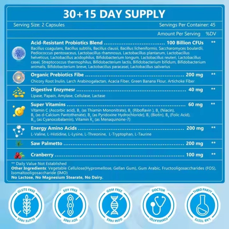 Men Digestive Health Enzymes Prebiotics Capsules for Saw Palmetto Cranberry Gut Immune Prostate Urinary Tract Health