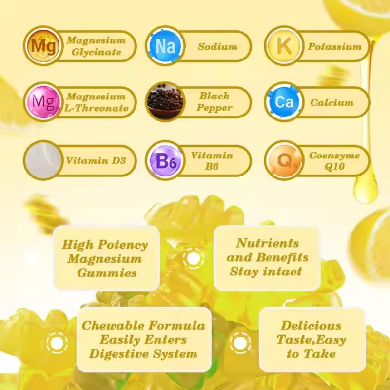 Dietary Supplements Lemon Flavor Magnesium Glycinate Gummies for Brain Memory and Sleep Maintain Emotional Stability