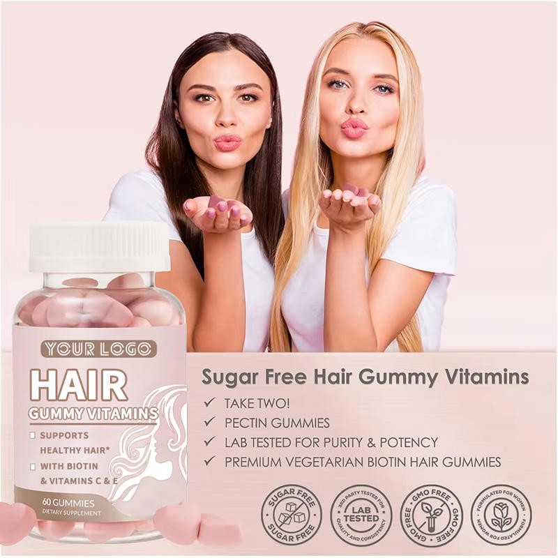 Herbal Hair Growth Gummy with Biotin Folic Acid Zinc Vitamin B12 Strawberry Flavor for Reduce Hair Loss Strengthen Elasticity