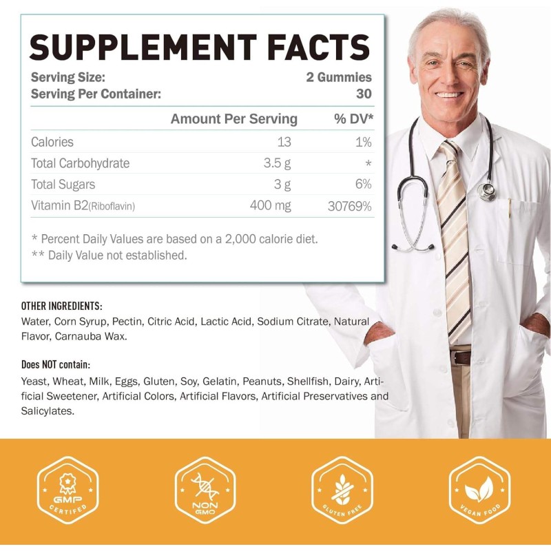 OEM 400mg Vitamin B2 Gummies for Migraine Relief, Energy, and Nervous System Support