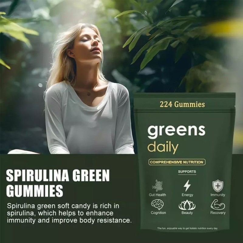 OEM Organic Spirulina Chlorella Gummies with Super Greens for Daily Energy and Detox 60 Gummies