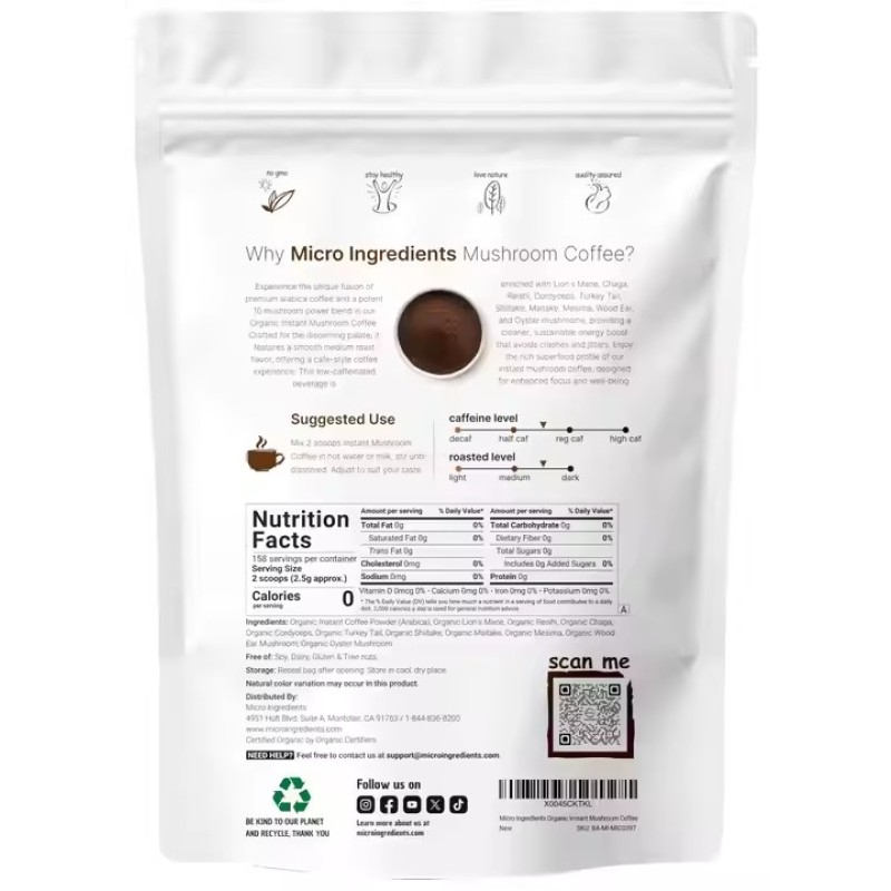 OEM Private Label Organic Instant 10 in 1 Mushroom Coffee Powder Premium Arabica Coffee with Lions Mane Chaga Reishi and More