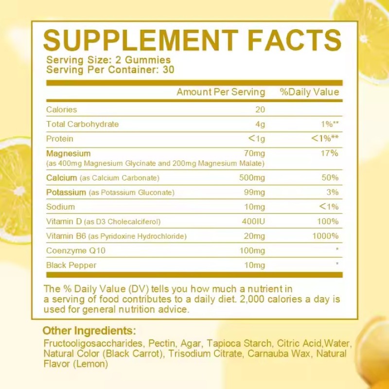 Dietary Supplements Lemon Flavor Magnesium Glycinate Gummies for Brain Memory and Sleep Maintain Emotional Stability
