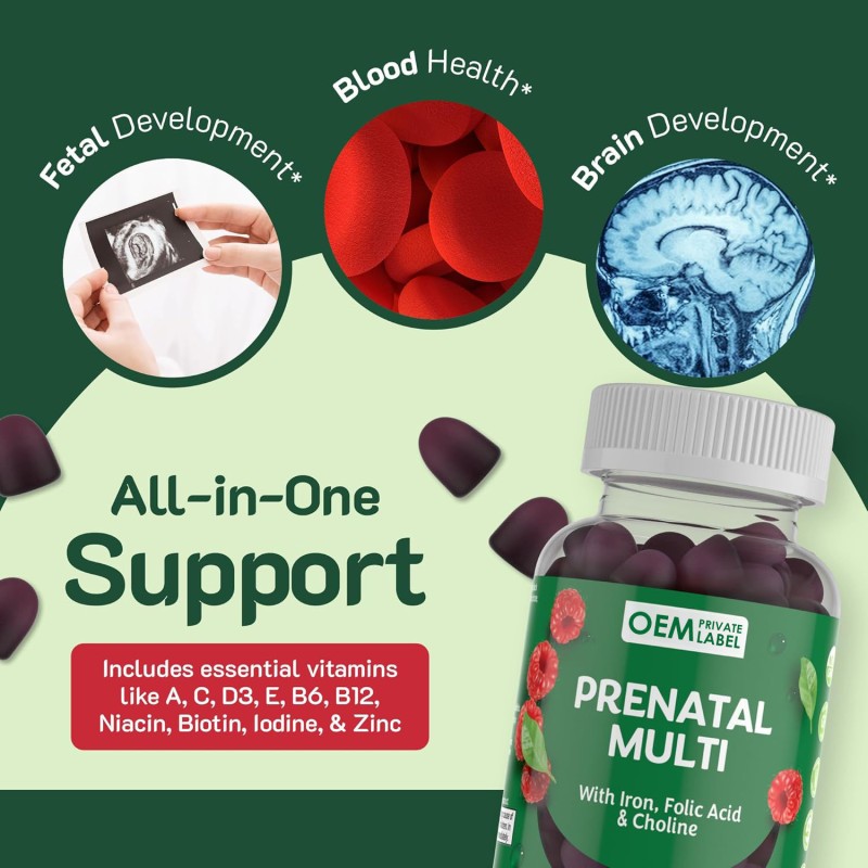OEM Prenatal Vitamin Gummies with Folic Acid, Iron, Choline & Multivitamins for Women