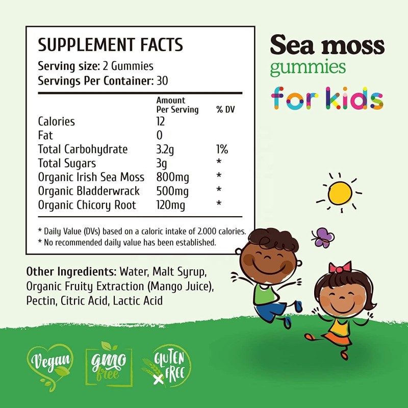 OEM  Kids Sea Moss Gummies for Immune and Thyroid Health with Chicory Root, Bladderwrack, and Burdock Root