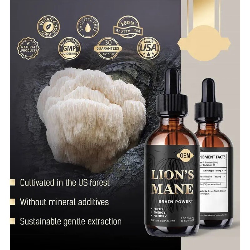 Vegan Lion's Mane Mushroom Extract Drops for Brain Support - OEM Supplement Liquid Vitamins