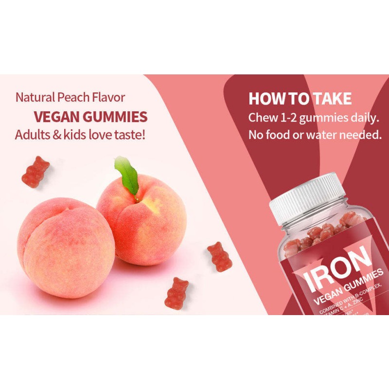 Premium Iron Gummies with Vitamin C for Energy and Blood Health Vegan Supplement 60 Gummies