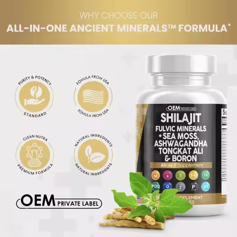 All in 1 Supplement Shilajit Fulvic Minerals Sea Moss Ashwagandha Tongkat Ali Boron Fulvic Acid Capsules for Men