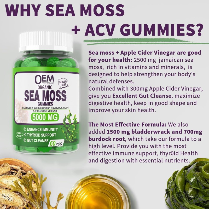 OEM Organic Sea Moss Gummies with Vitamin C | Vegan Immune Support | Burdock Root & Bladderwrack Supplement for Adults